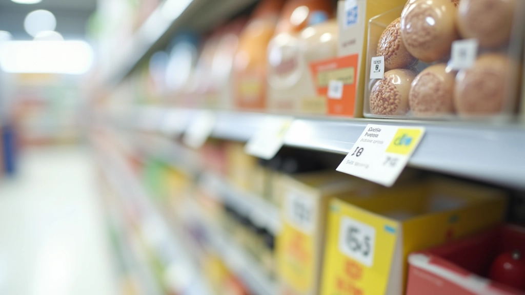 Nahaufnahme von Produktpreisschildern in einem Supermarkt mit verschiedenen Preisen
