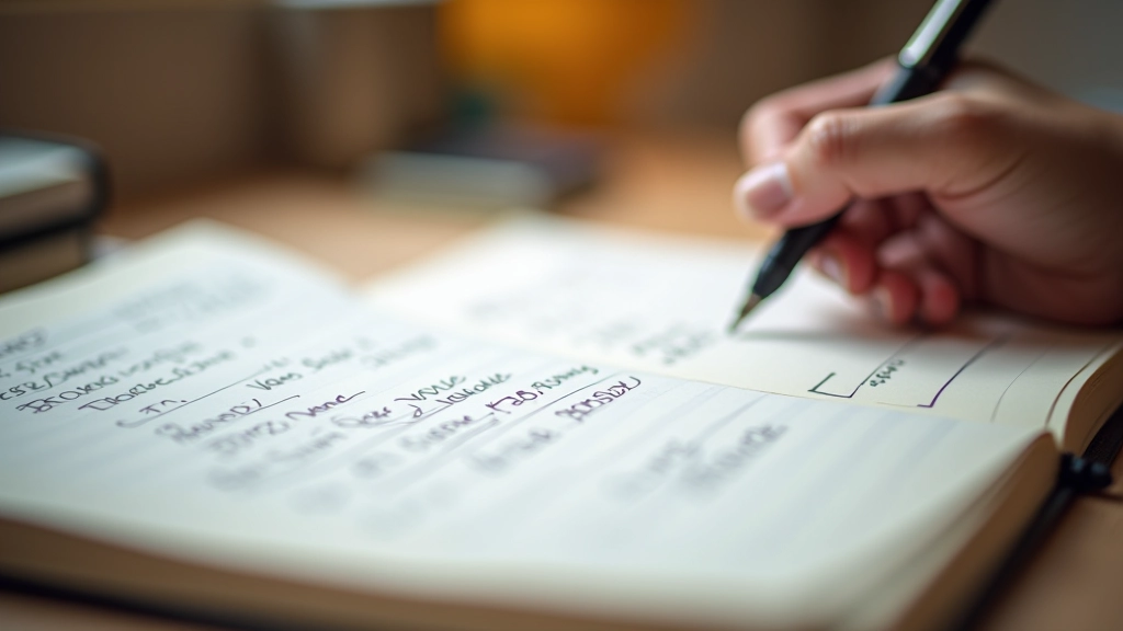 Handgeschriebenes Budget-Tracking in einem Notizbuch mit Zahlen und Kategorien