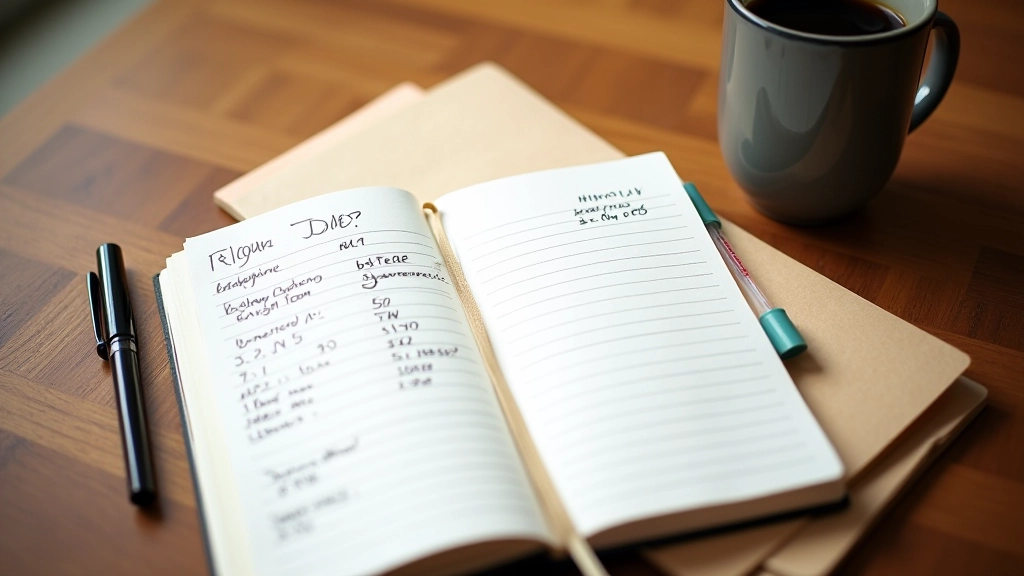 Haushaltsbuch mit Stift auf Holztisch, Kaffeetasse daneben, Morgenlicht von oben