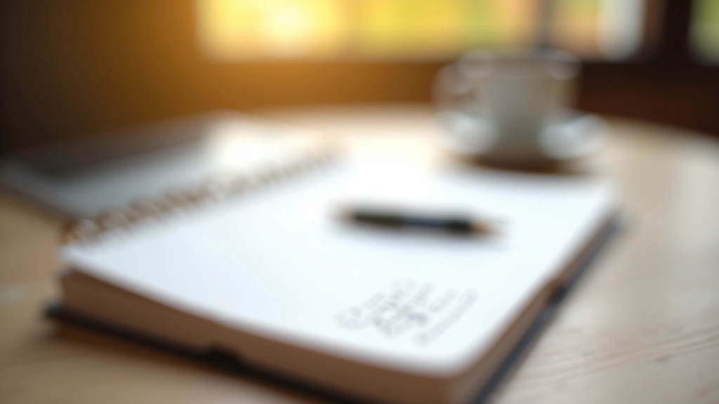 Haushaltsbuch mit Stift auf Holztisch neben Tasse, Morgenlicht von der Seite