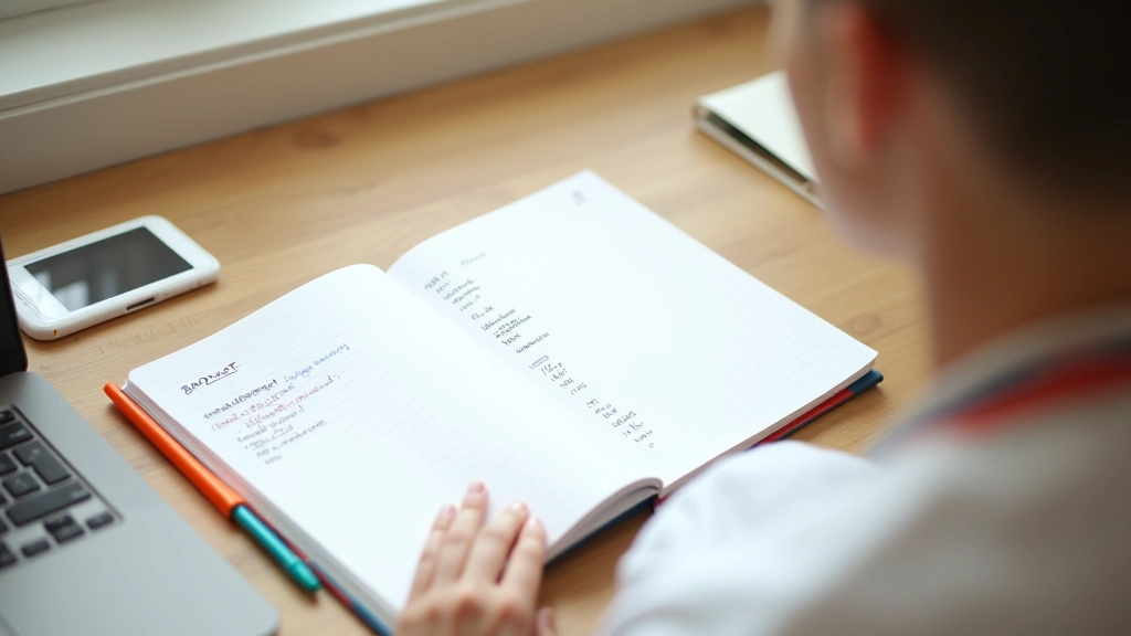 Aufgeschlagenes Notizbuch mit handgeschriebener Budget-Liste und Kategorien