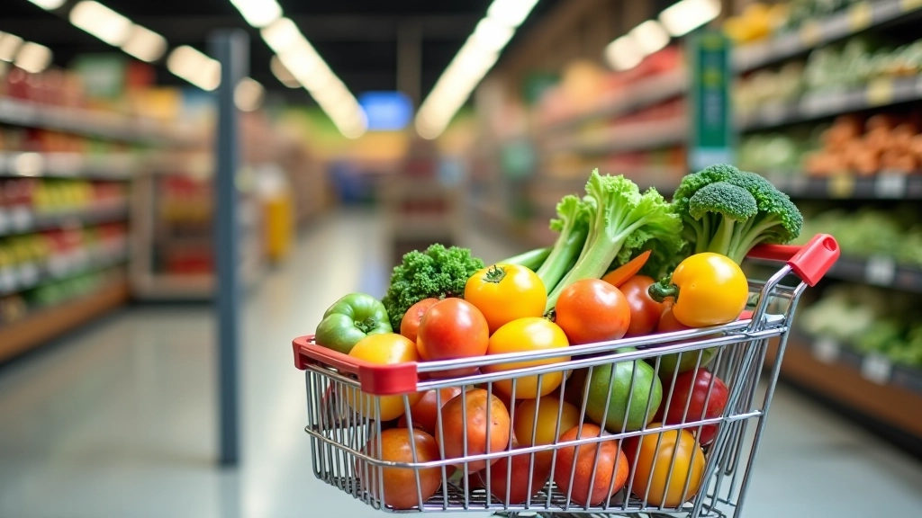 Einkaufswagen vor Supermarkteingang mit sichtbaren Produkten und Gemüse
