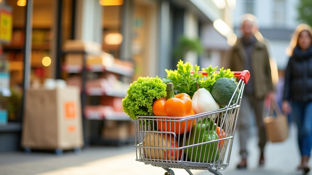 Einkaufswagen vor Supermarkt-Eingang mit Gemüse und Produkten sichtbar