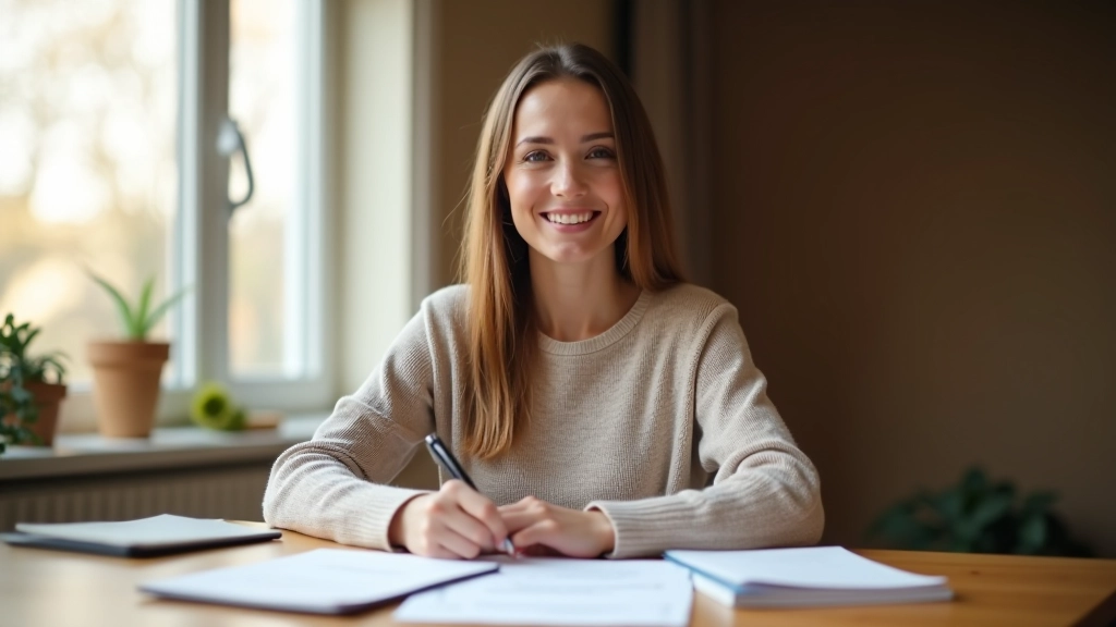 Person mit Notizbuch und Stift, Finanzplanung am Schreibtisch, natürliches Licht
