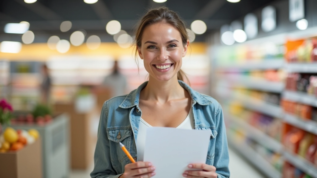 Frau mit Einkaufsliste und Stift in der Hand, Supermarkt im Hintergrund, organisiertes Einkaufen