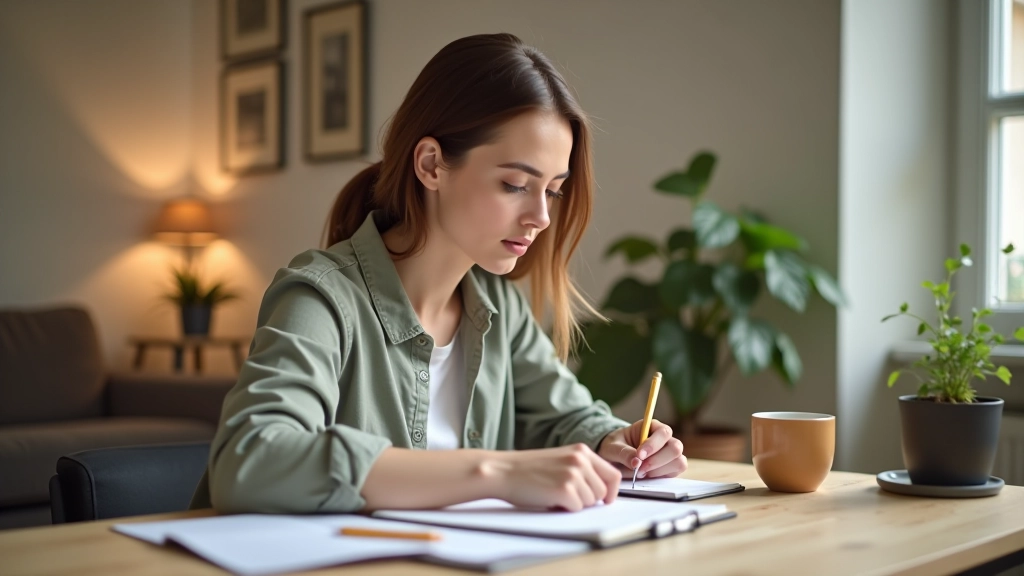 Frau schaut auf Budgetplaner mit Kaffee und Notizbuch auf Schreibtisch